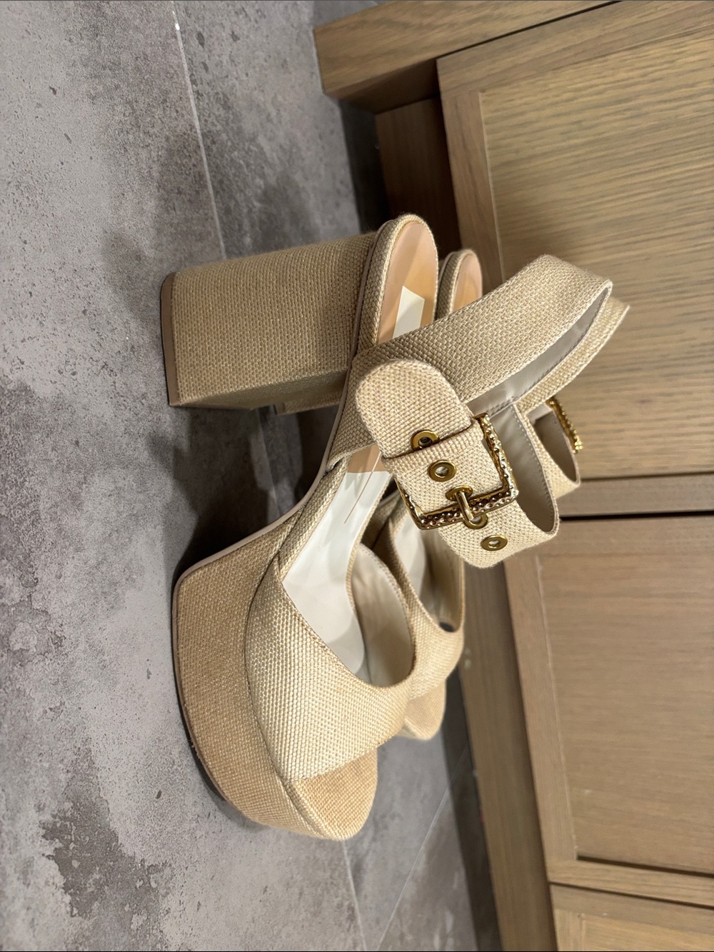 Dolce vita Neutral Beige Platform Block Heel Sandals with Gold Buckle